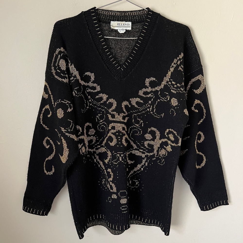 Vintage 80's Ellen D. Black Acrylic & Gold Lurex Brocade Design V-Neck Sweater